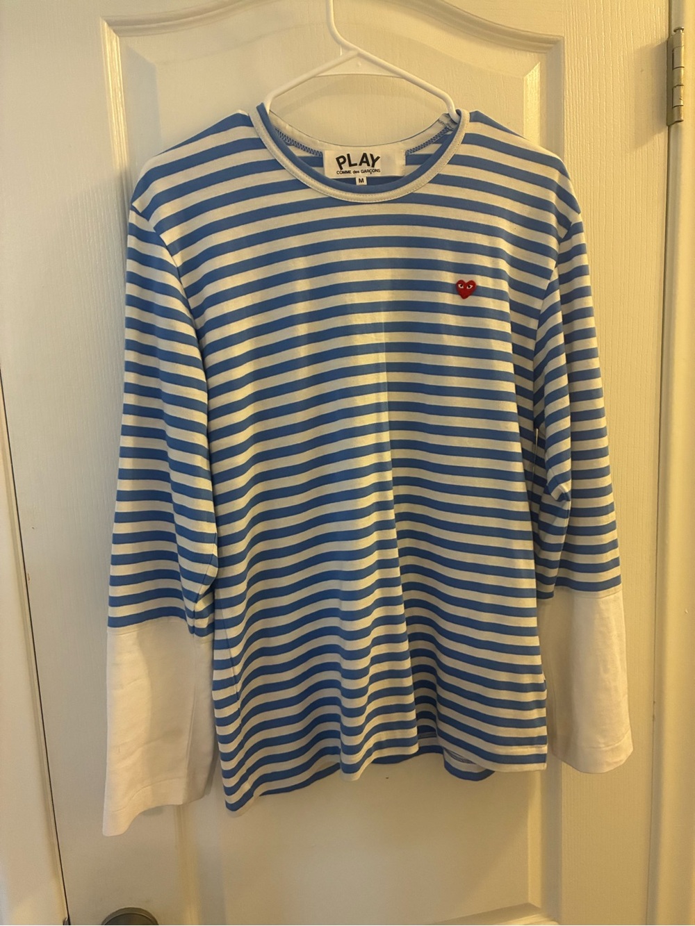 Comme des Garcons PLAY Blue and White Striped Long Sleeve Top with Red Heart